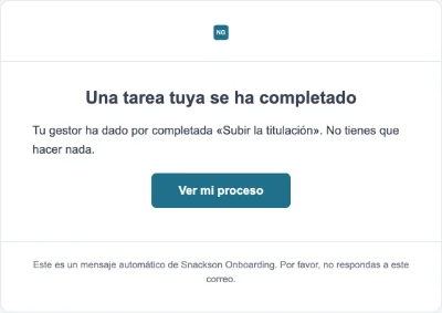 Correo de Norte Gestión con su logo y el botón Ver mi proceso en su color: la gestora ha dado por completada la tarea Subir la titulación