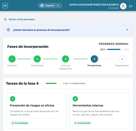 El proceso de incorporación de Marta con la cabecera, el logo y el color de Norte Gestión: sus cinco fases, la cuarta en curso, y las tareas de esa fase
