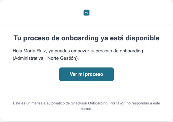 Correo que recibe Marta al activarse su proceso, con el logo de Norte Gestión y el botón Ver mi proceso en su color.