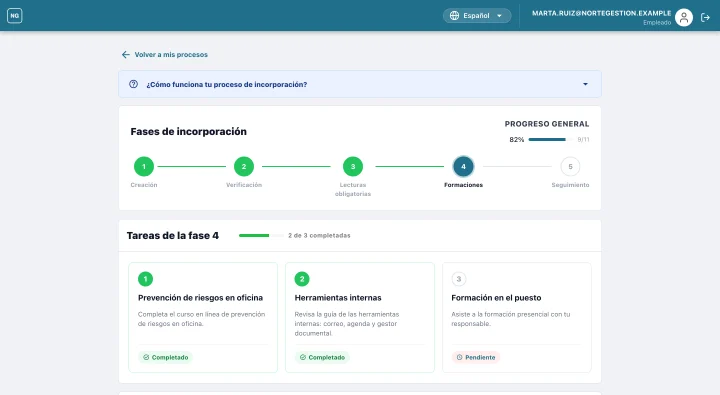 El proceso de Marta visto por ella, con los colores de Norte Gestión: cinco fases, la cuarta, Formaciones, en curso, y dos de sus tres tareas completadas.