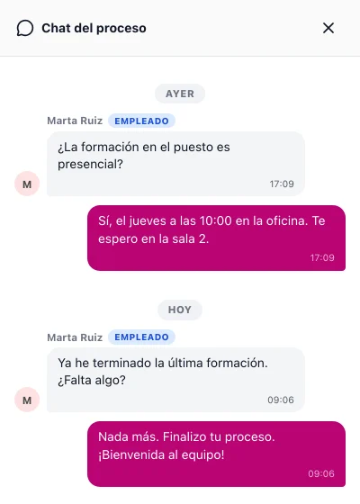 Chat del proceso de Marta: pregunta si falta algo tras la última formación y Nuria le responde que nada más, que finaliza su proceso y le da la bienvenida al equipo