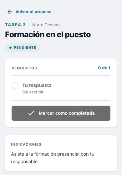 La tarea Formación en el puesto, abierta en el móvil: pendiente, con lo que falta para completarla y sus indicaciones