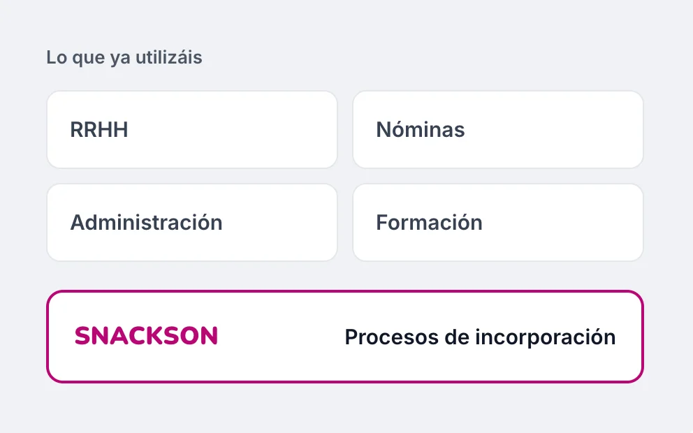 Snackson Onboarding como capa de procesos de incorporación junto a las herramientas que ya utilizáis: RRHH, nóminas, administración y formación